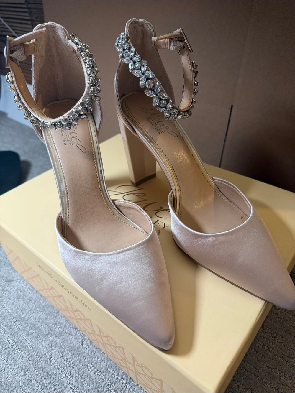 Jewel Badgley Mischka Blush Pink Satin Crystal-Ankle Heels 4 inch